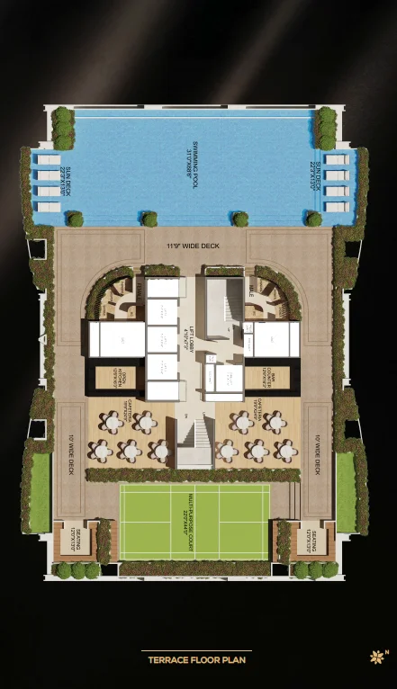 Terrace floor plan with pool, sun deck and multipurpose court