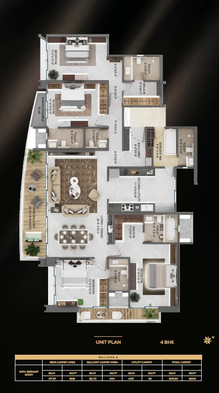 4 BHK unit plan with servant room