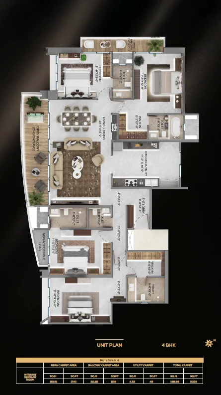 4 BHK unit plan without servant room