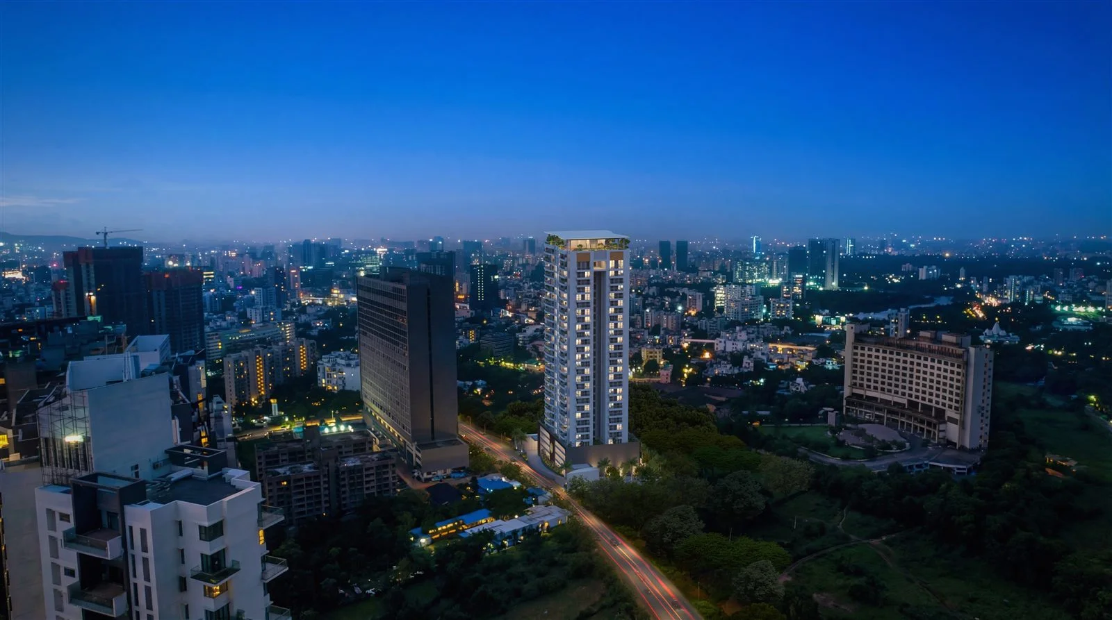 Majestique Elements city skyline, night aerial view